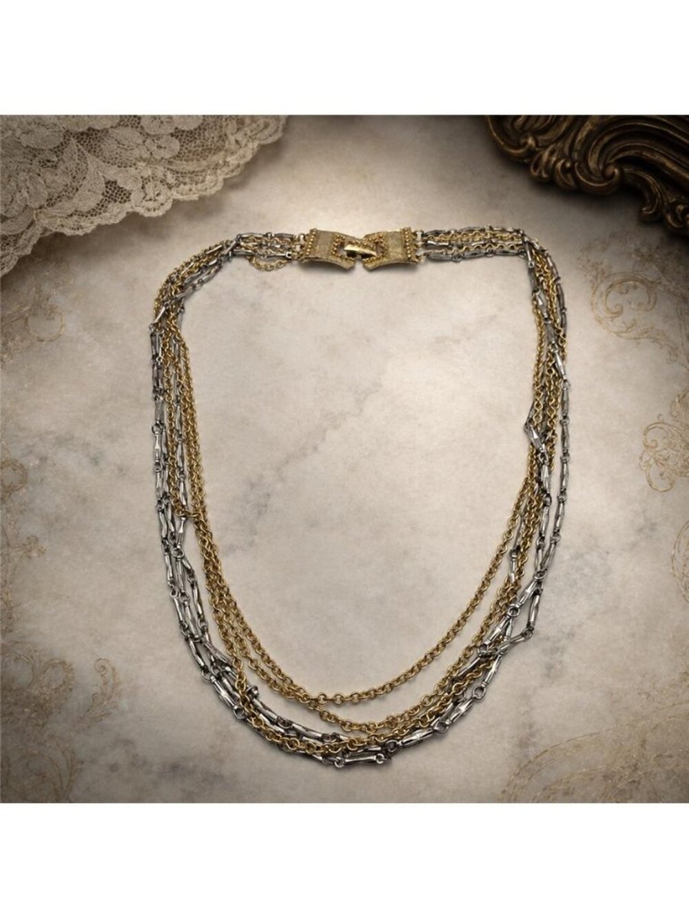 Celebrity N.Y. Gold Silver Tone 6 Strand Layered Chain Necklace 25 in Vintage